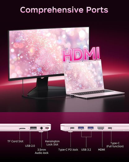 Pink Laptop 15.6 Inch, 12GB RAM 256GB SSD, Pentium 6500Y up to 3.4Ghz, 1080P FHD IPS Screen, USB C, USB 3.2, HDMI, Wifi5, BT5.2, Computer Laptops for Student, Business, Home