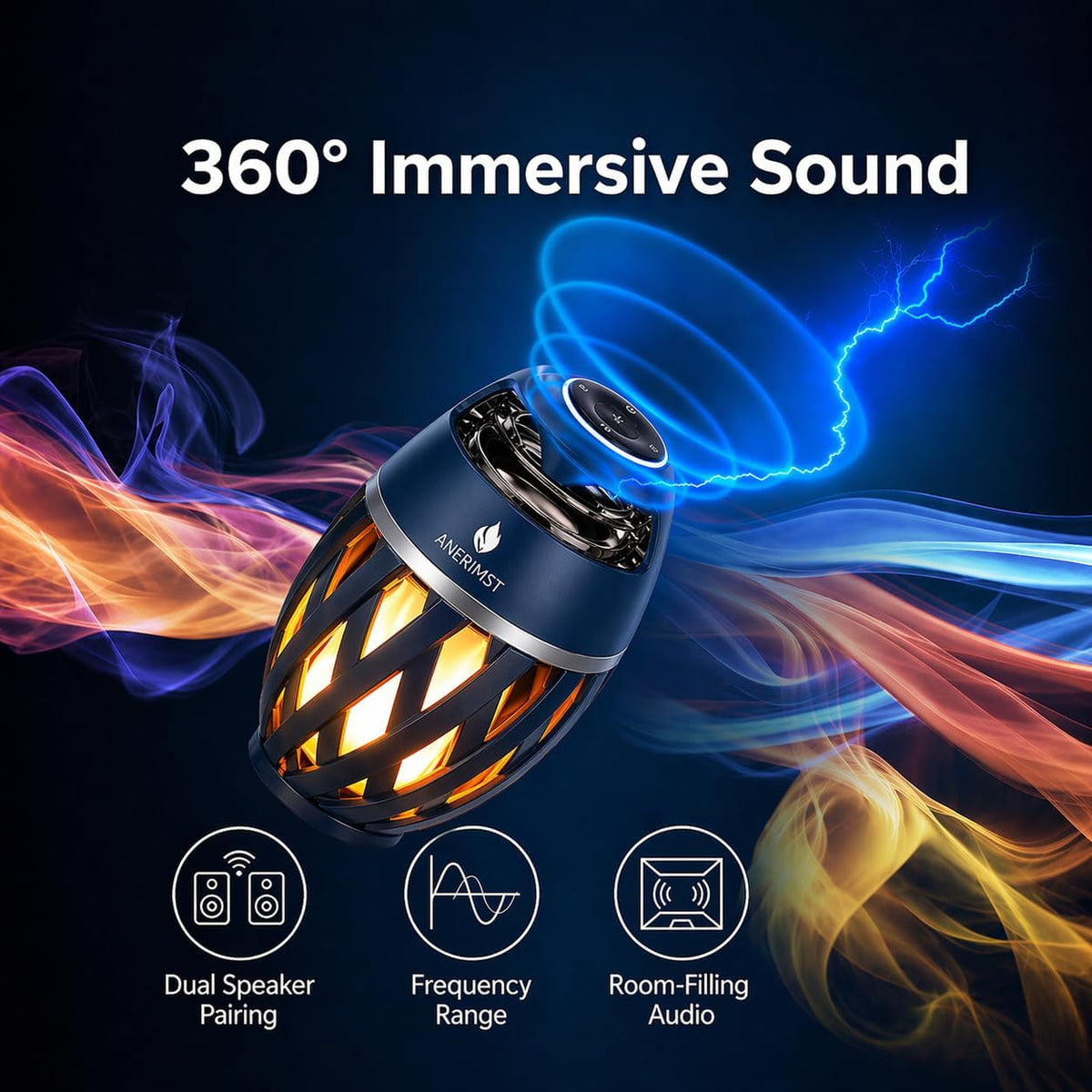 Outdoor Bluetooth Speaker with Flame Light,  Waterproof Wireless LED Flame Speaker for Home Gadgets Camping Accessories, 24H Playtime, Loud Sound, Gifts for Men Women Couples Dads Moms, Blue