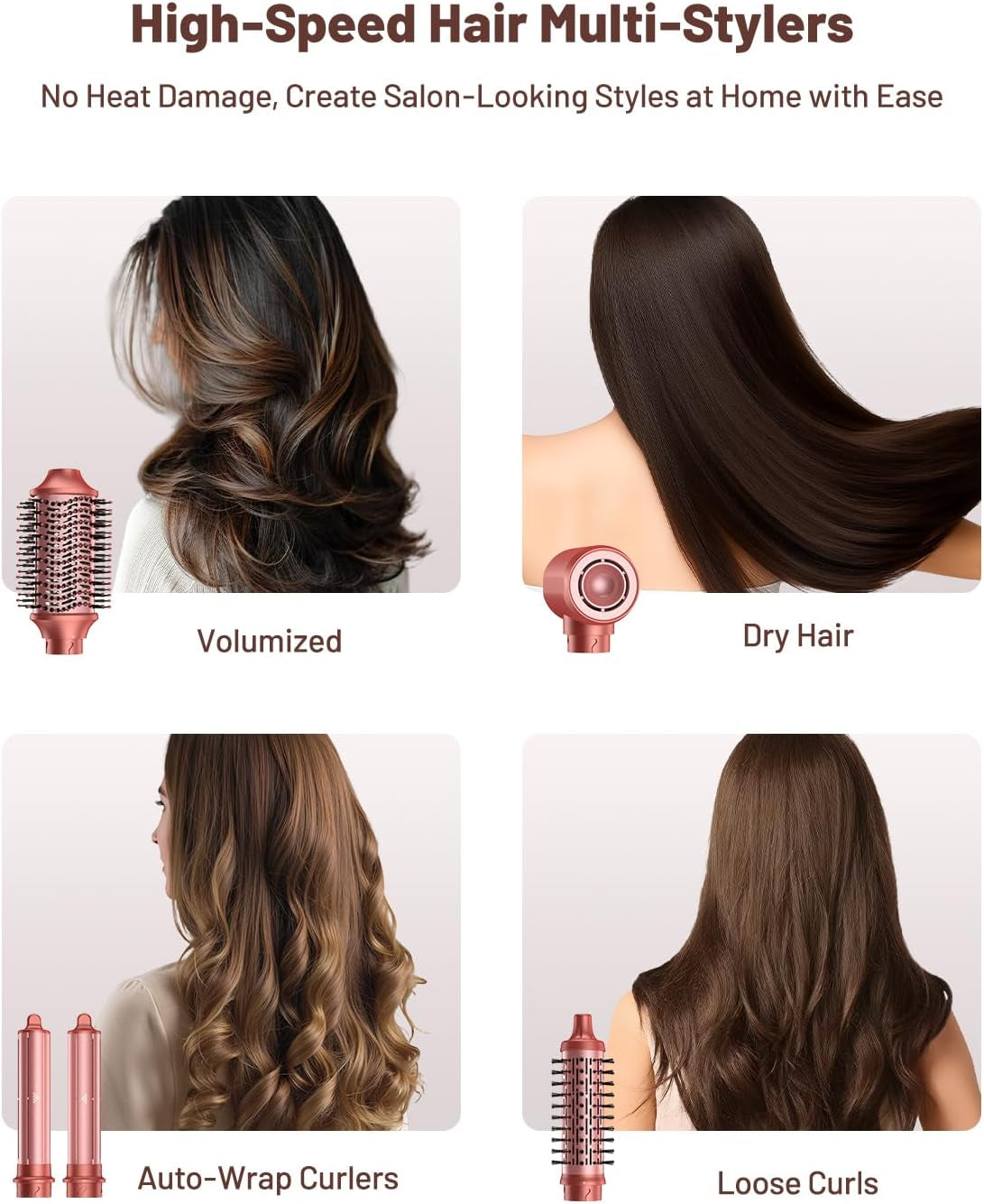 High-Speed 5 in 1 Hair Styler, Professional Hot Air Styler No Heat Damage Frizz-Free for Volumizer, Curl, Straighten, Drying, 1500W Negative Ionic Blow Dryer Brush with Travel Bag, Coral-Red