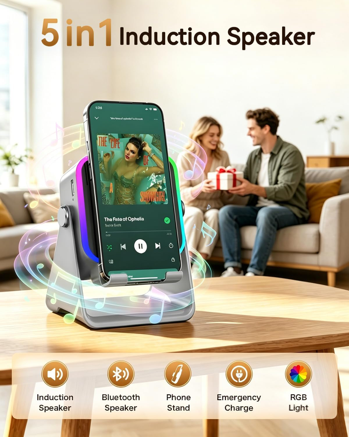Gifts for Men Tech Gadgets Wireless Induction Speaker with Phone Stand | 5-In-1 Bluetooth Speaker with RGB Light, Adjustable Desk Phone Holder with Emergency Charging for Home Office Kitchen Use