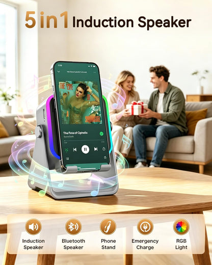 Gifts for Men Tech Gadgets Wireless Induction Speaker with Phone Stand | 5-In-1 Bluetooth Speaker with RGB Light, Adjustable Desk Phone Holder with Emergency Charging for Home Office Kitchen Use