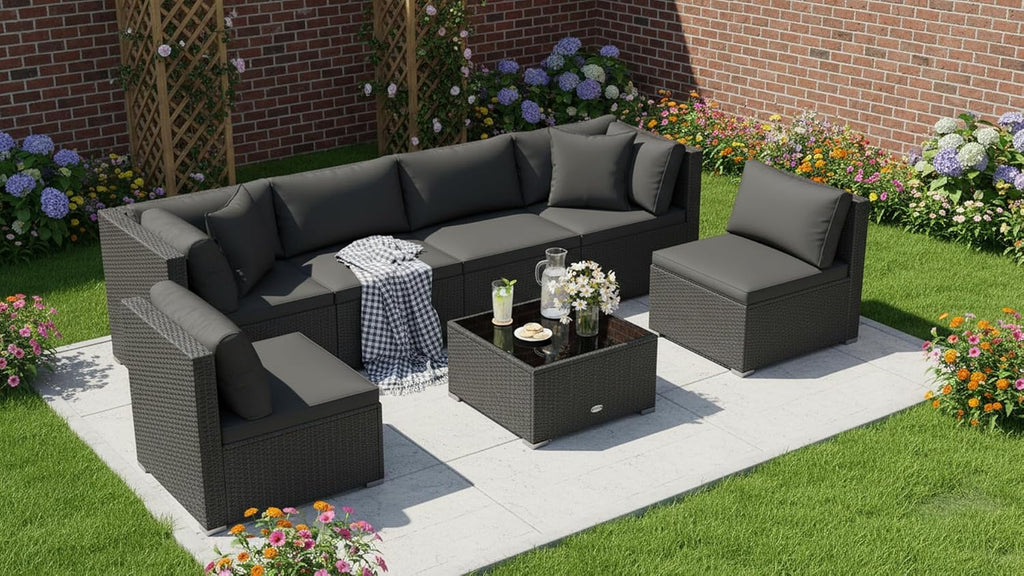 7 Pieces Wicker Patio Furniture Set, Outdoor Sectional Rattan Sofa Set for 6 with Seat & Back Cushions, Pillows, Coffee Table, Modular Conversation Set for Backyard, Poolside, Deck & Garden