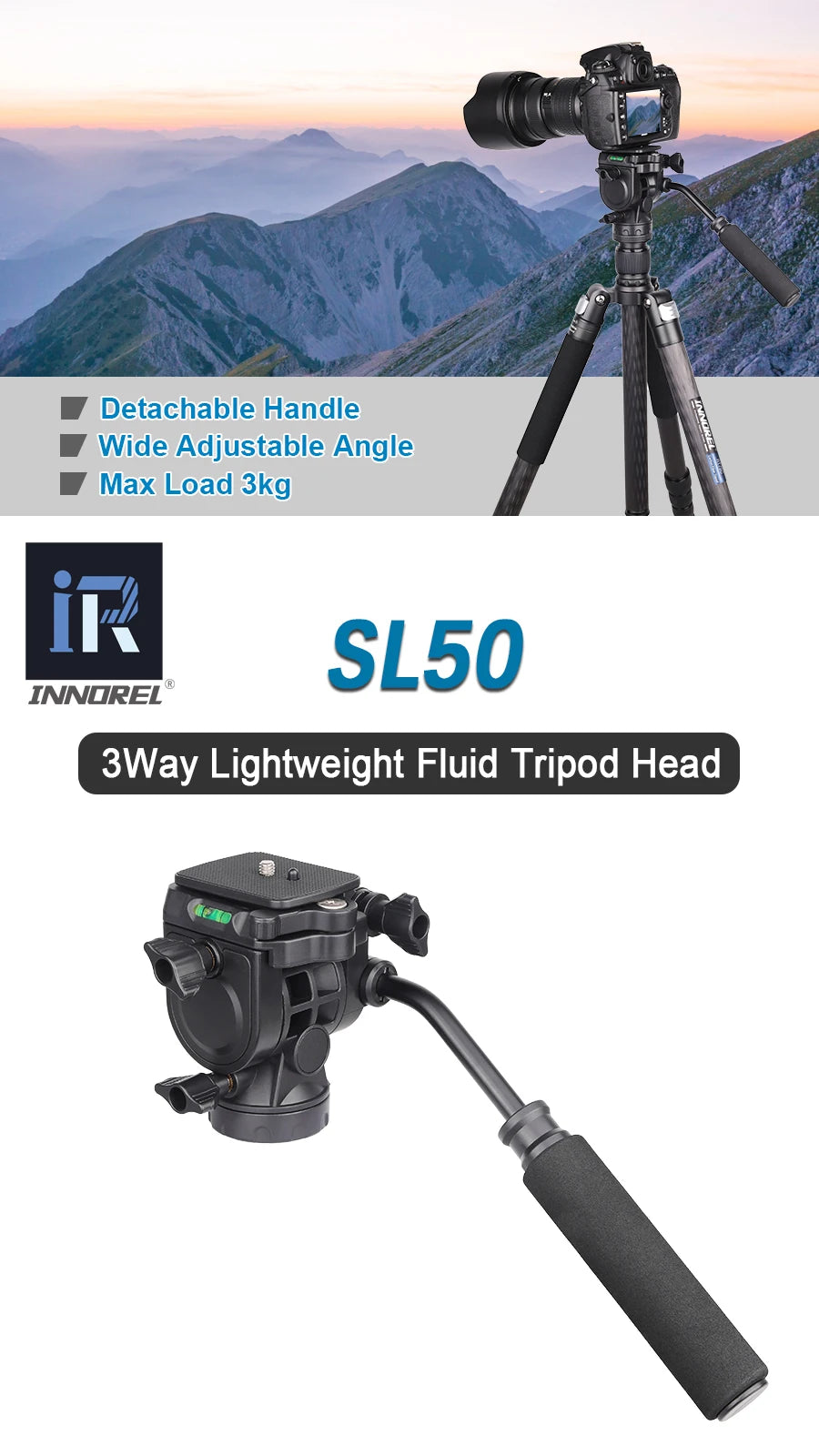 INNOREL SL50 Fluid Video Tripod Head – 3kg Load, Detachable Handle