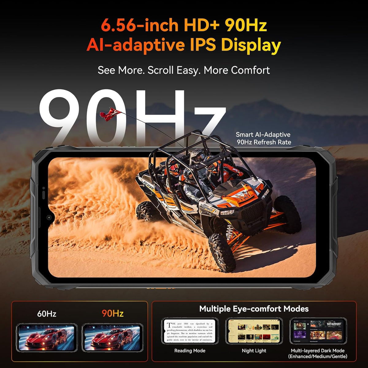 Rugged Phone Android 16, 10000Mah Battery 12GB+128GB/2TB Expand Gemini AI 6.56 Inch 90Hz 4G T-Mobile Dual SIM IP69K Waterproof Rugged Smartphone Unlocked Fingerprint/Nfc/Otg/Gps