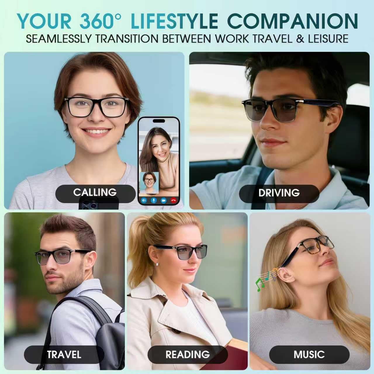 Bluetooth Audio Smart Glasses for Women & Men, Bluetooth Glasses with Color-Change Lens, Open Ear Speakers, IPX5 Waterproof, Smart Audio Glasses for Iphone Android Music/Calls (Brown)
