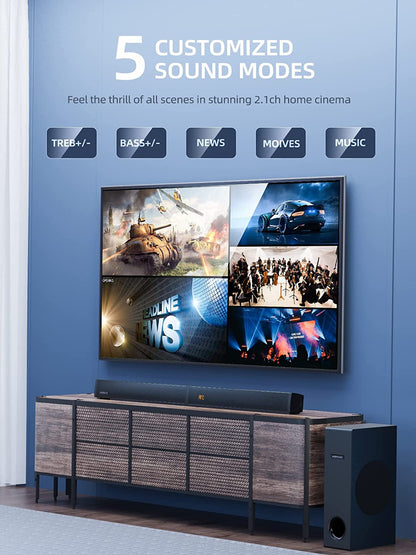 180W Sound Bar  2 in 1 Detachable Soundbar for TV 2.1CH Soundbar with Subwoofer 5 EQ Modes Treble &amp; Bass Adjust (ARC Cable) Optical/Bt 5.4/AUX, 12L Deep Bass for Home Theater-32 Inch