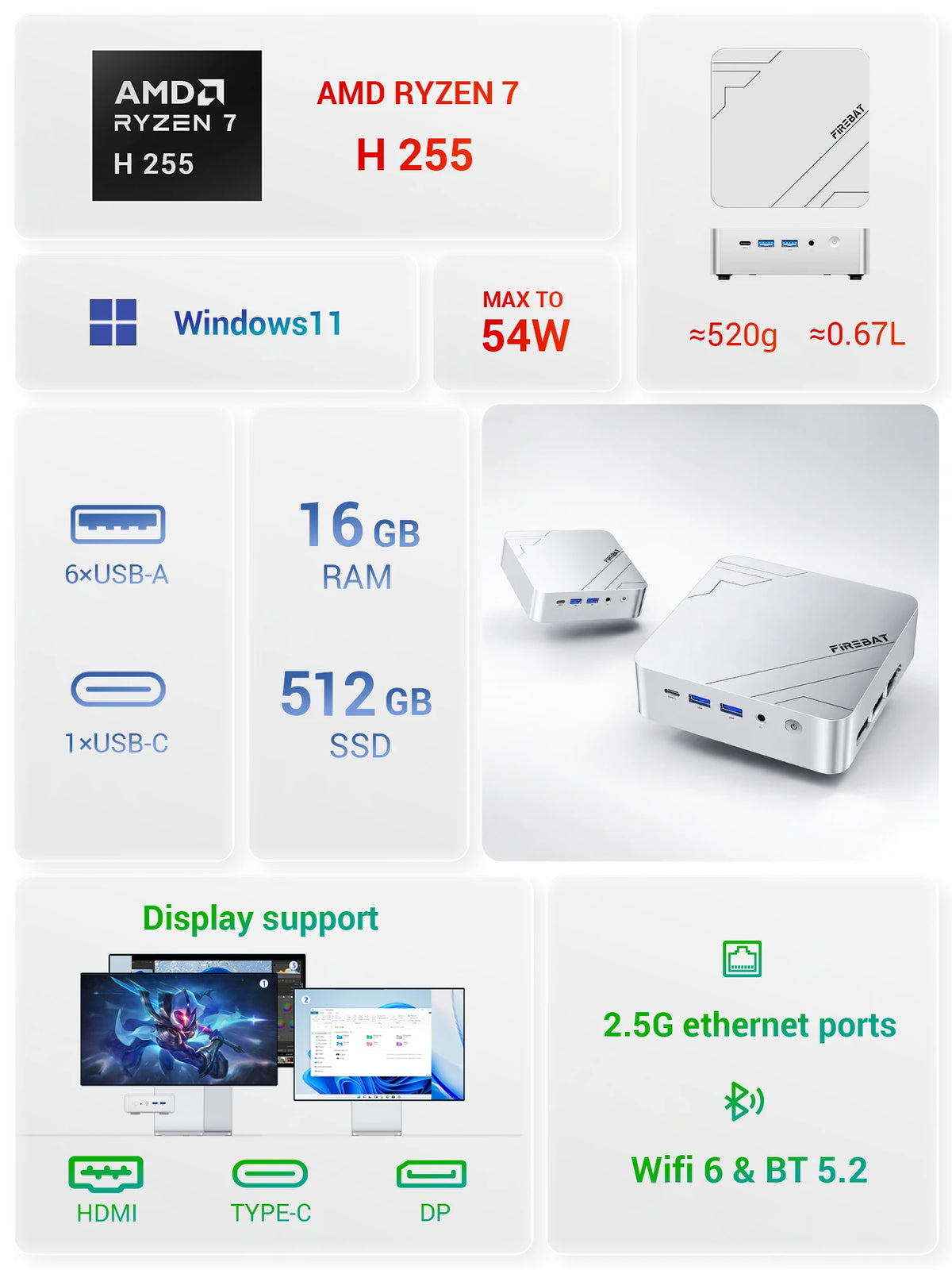FIREBAT F1 MINI PC  Ryzen 7 H255 LPDDR5 16GB RAM 512GB SSD WIFI6 BT5.2 Portable Desktop MINI-PC Windows 11 Desktop Computer