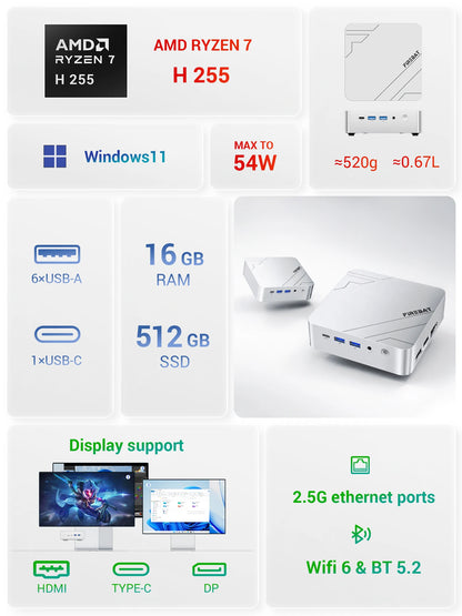 FIREBAT F1 MINI PC  Ryzen 7 H255 LPDDR5 16GB RAM 512GB SSD WIFI6 BT5.2 Portable Desktop MINI-PC Windows 11 Desktop Computer