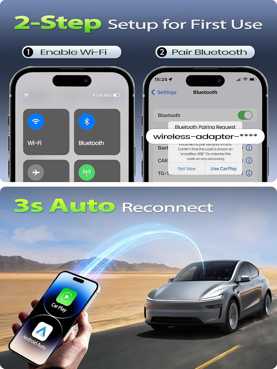 Mini Wireless Carplay Adapter for Iphone and Android Auto | | Wired-To-Wireless Car Stereo Dongle | Gold-Plated USB | Fast Stable Auto Reconnect | for OEM Wired Carplay Cars 2016+