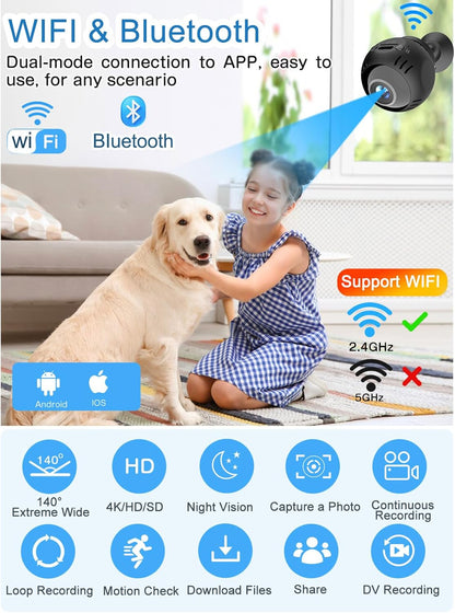 Mini Wifi Camera,Small Magnetic Wireless Cameras,4K 1080P Smart App 2.4Ghz,140° Wide Angle,Ai Motion Detection Alarm and Night Vision for Home Security Pet Cameras App Control