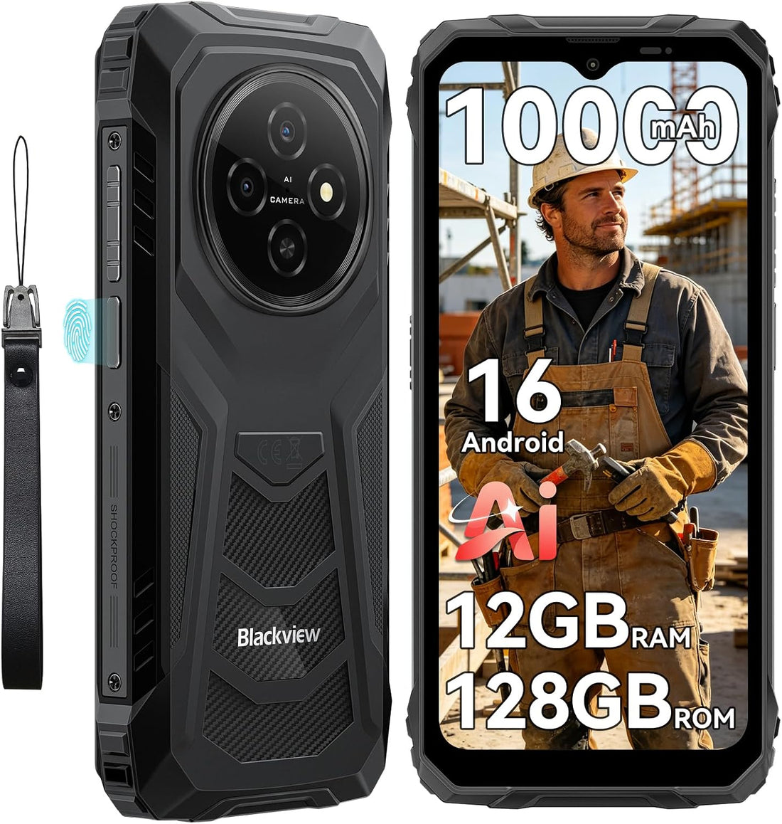 Rugged Phone Android 16, 10000Mah Battery 12GB+128GB/2TB Expand Gemini AI 6.56 Inch 90Hz 4G T-Mobile Dual SIM IP69K Waterproof Rugged Smartphone Unlocked Fingerprint/Nfc/Otg/Gps