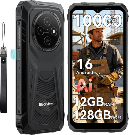 Rugged Phone Android 16, 10000Mah Battery 12GB+128GB/2TB Expand Gemini AI 6.56 Inch 90Hz 4G T-Mobile Dual SIM IP69K Waterproof Rugged Smartphone Unlocked Fingerprint/Nfc/Otg/Gps