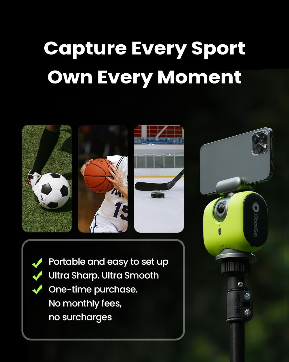 Chameleon AI Auto Sports Action Camera - 4K 60FPS Soccer Camera and Basketball Tracking Camera for Team Sports, Live Streaming, No Subscription, Works with Ios &amp; Android (Lemon Green)