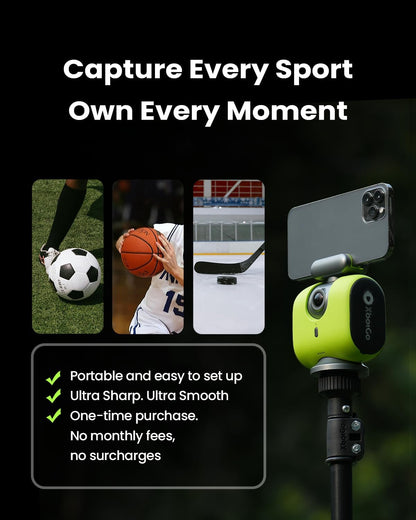 Chameleon AI Auto Sports Action Camera - 4K 60FPS Soccer Camera and Basketball Tracking Camera for Team Sports, Live Streaming, No Subscription, Works with Ios &amp; Android (Lemon Green)