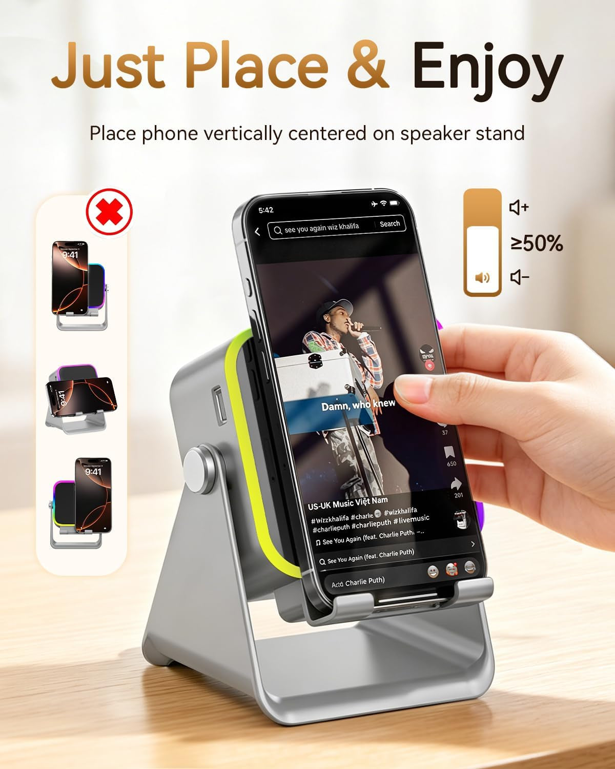 Gifts for Men Tech Gadgets Wireless Induction Speaker with Phone Stand | 5-In-1 Bluetooth Speaker with RGB Light, Adjustable Desk Phone Holder with Emergency Charging for Home Office Kitchen Use