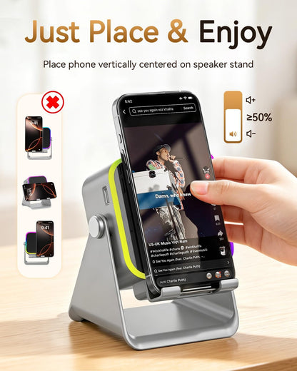 Gifts for Men Tech Gadgets Wireless Induction Speaker with Phone Stand | 5-In-1 Bluetooth Speaker with RGB Light, Adjustable Desk Phone Holder with Emergency Charging for Home Office Kitchen Use