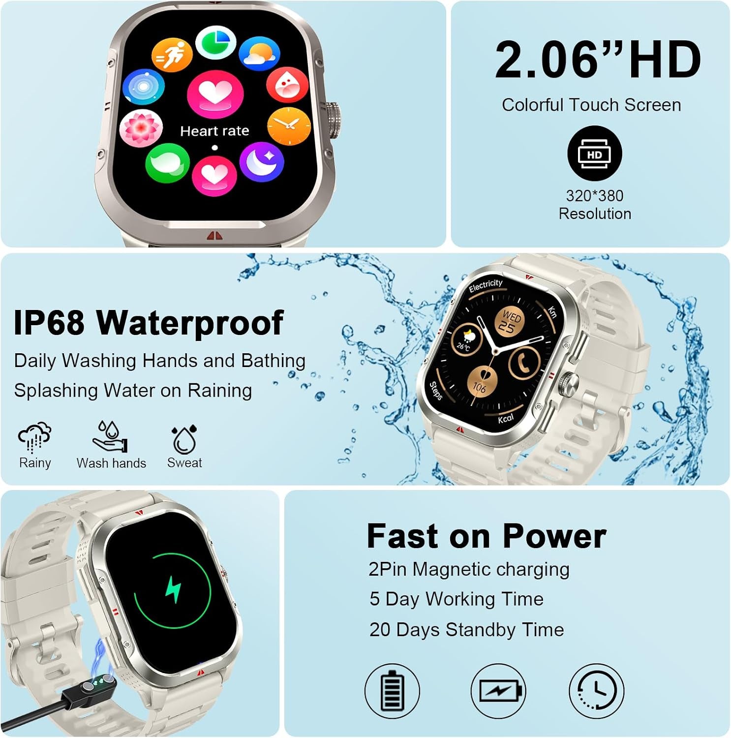 Smart Watch for Men Women, 2.06"HD Touch Screen Fitness Tracker with Precision GPS, Bluetooth Calling, Heart Rate Sleep Monitor, 100+ Sport Modes, IP68 Waterproof Smartwatch for Android Ios, Off-White