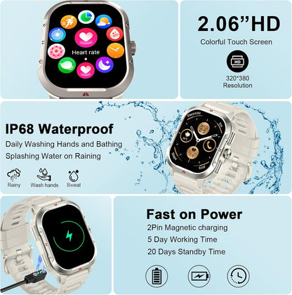 Smart Watch for Men Women, 2.06"HD Touch Screen Fitness Tracker with Precision GPS, Bluetooth Calling, Heart Rate Sleep Monitor, 100+ Sport Modes, IP68 Waterproof Smartwatch for Android Ios, Off-White