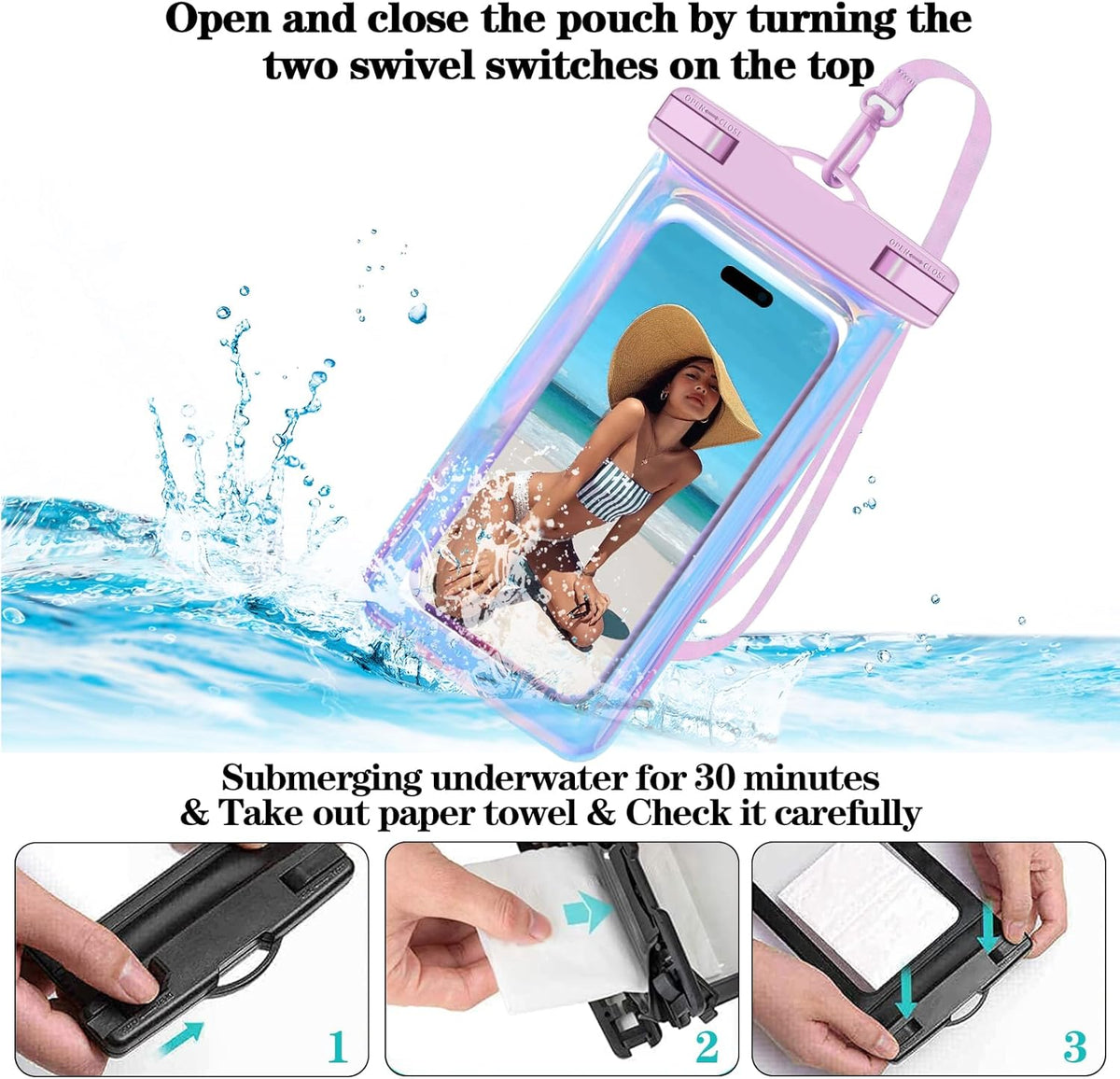 2 Pack Iridescence Waterproof Phone Pouch, Cell Phone Waterproof Case Dry Bag,Protection Level: Ip68,Beach Cruise for Iphone,Samsung,And More,Lanyard Included,(Fits up to 8.3"),Iridescence