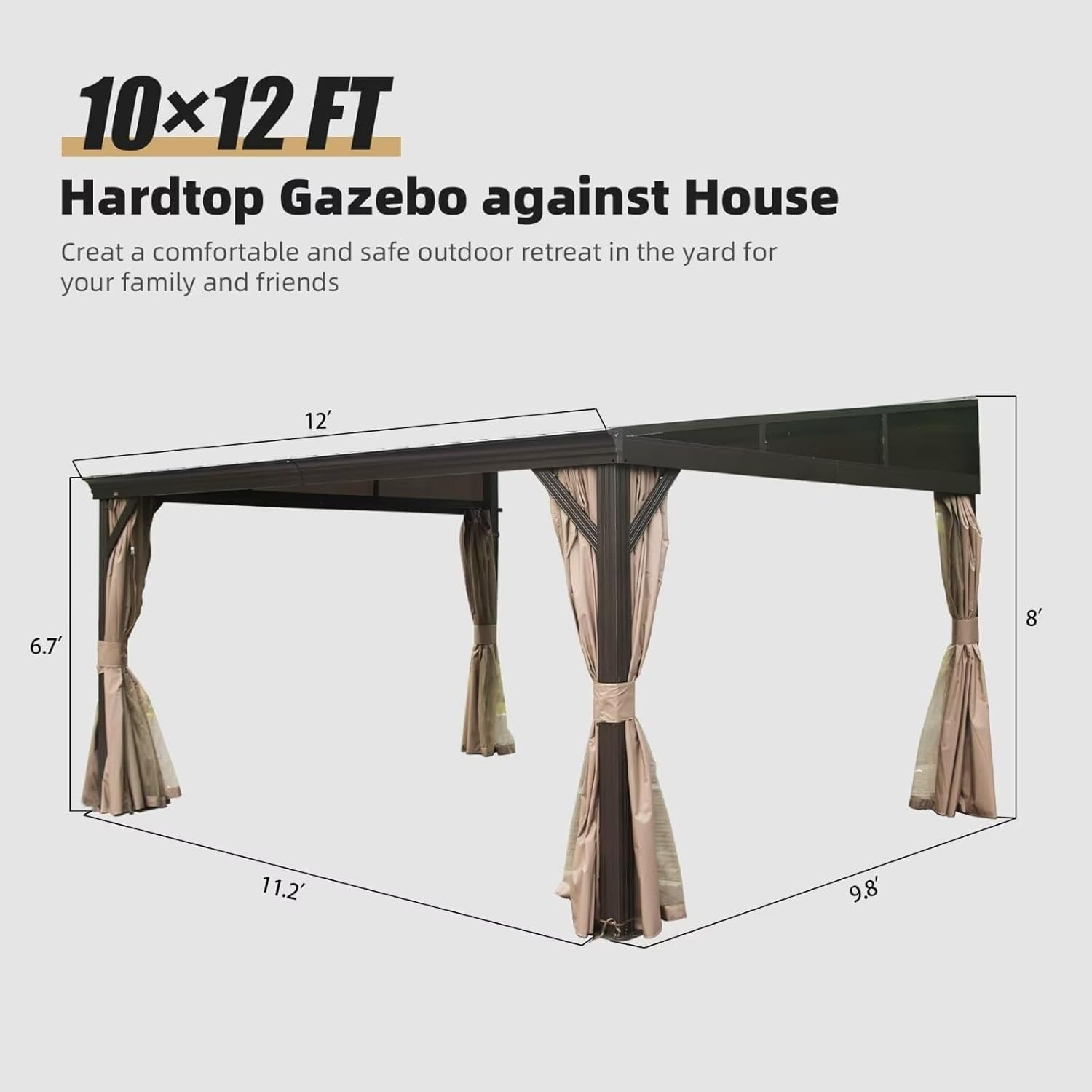 10' X 12' Hardtop Gazebo with Aluminum Frame, Wall Mounted Gazebo Galvanized Steel Roof Sloping Pergola with Curtains and Netting for Patio Deck Backyard Lawn Party
