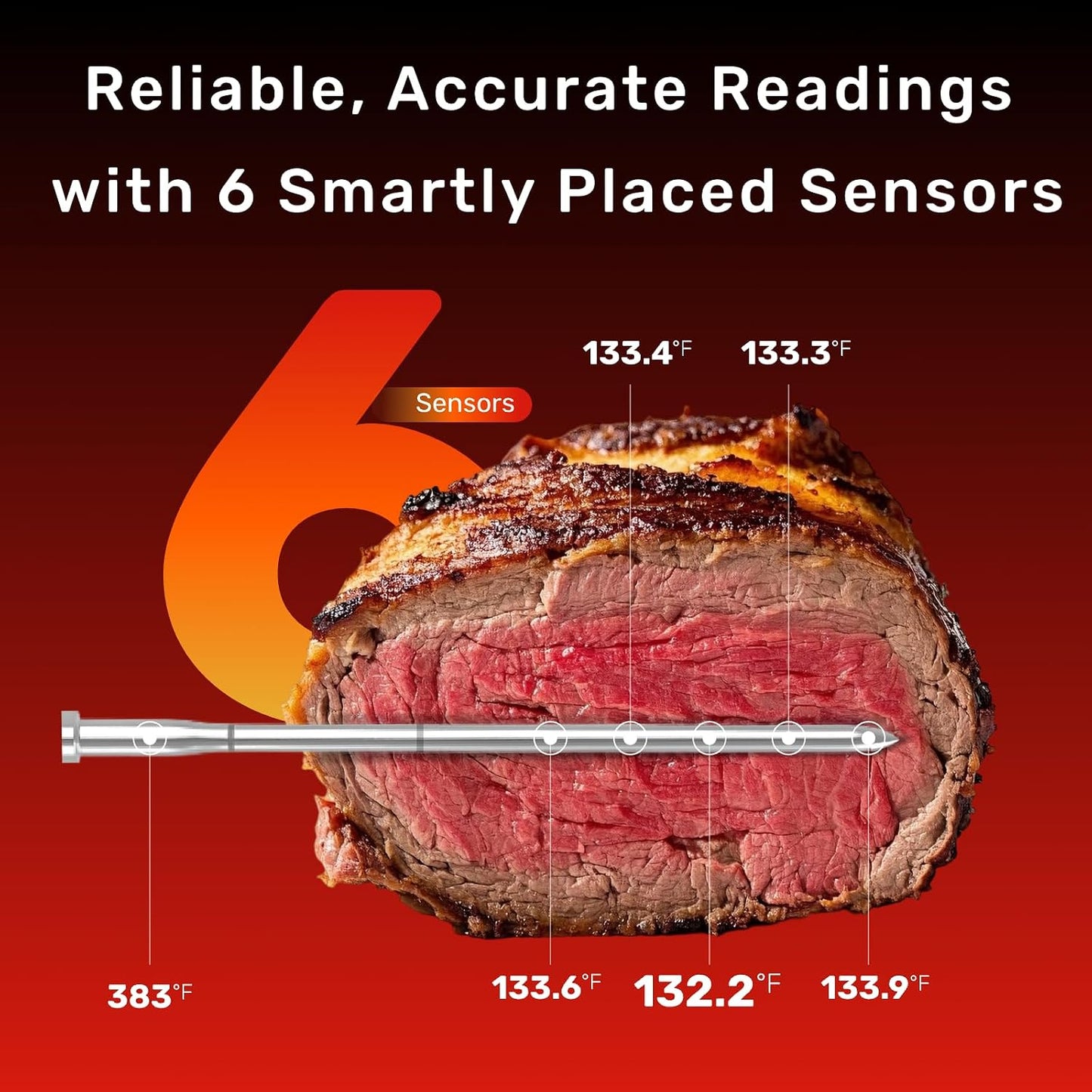 S Pro Bluetooth Wireless Meat Thermometer, with 6 Sensors Build In, Long Range, Smart App Monitoring with Timer & Alarm, IP69 Waterproof, Meat Thermometer Probe for BBQ, Grill, Oven