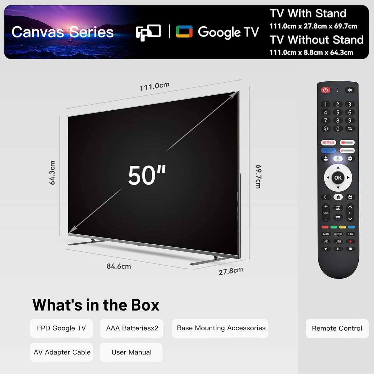 50 Inch Smart TV, 4K LED Google TV with Google Play Built-In Google Cast, HDR 10, MEMC, Voice Remote, Dolby Audio, UHD Flat Screen Television Compatible with VESA 300X300Mm (CG50-C3)