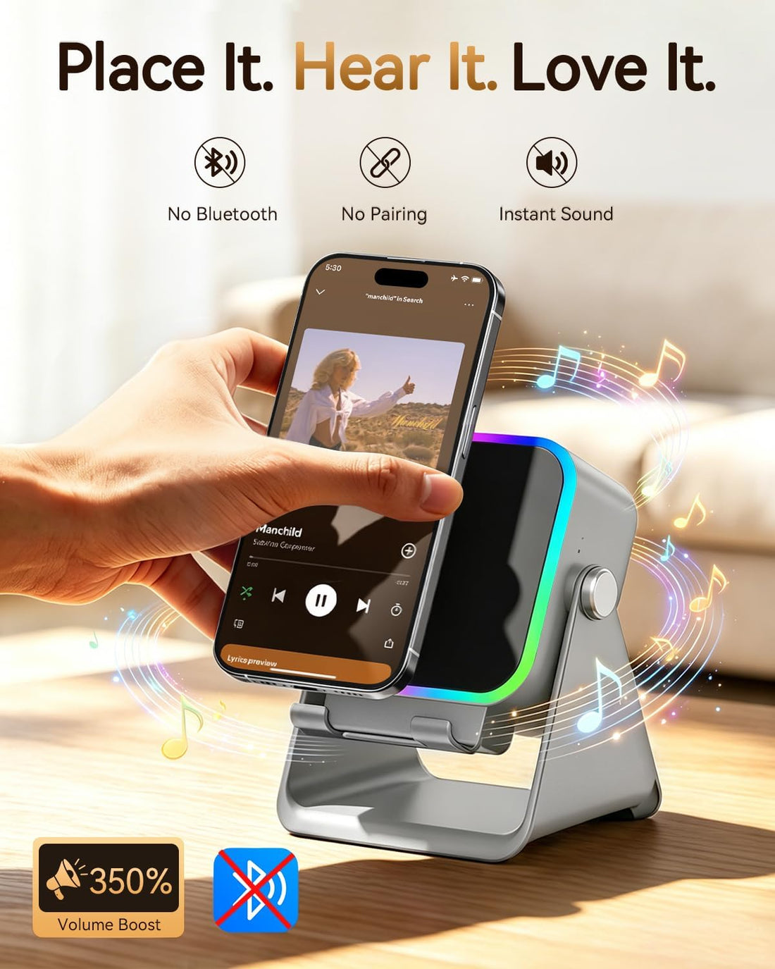 Gifts for Men Tech Gadgets Wireless Induction Speaker with Phone Stand | 5-In-1 Bluetooth Speaker with RGB Light, Adjustable Desk Phone Holder with Emergency Charging for Home Office Kitchen Use