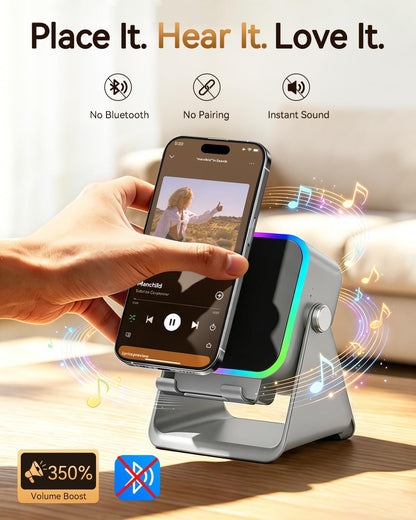 Gifts for Men Tech Gadgets Wireless Induction Speaker with Phone Stand | 5-In-1 Bluetooth Speaker with RGB Light, Adjustable Desk Phone Holder with Emergency Charging for Home Office Kitchen Use