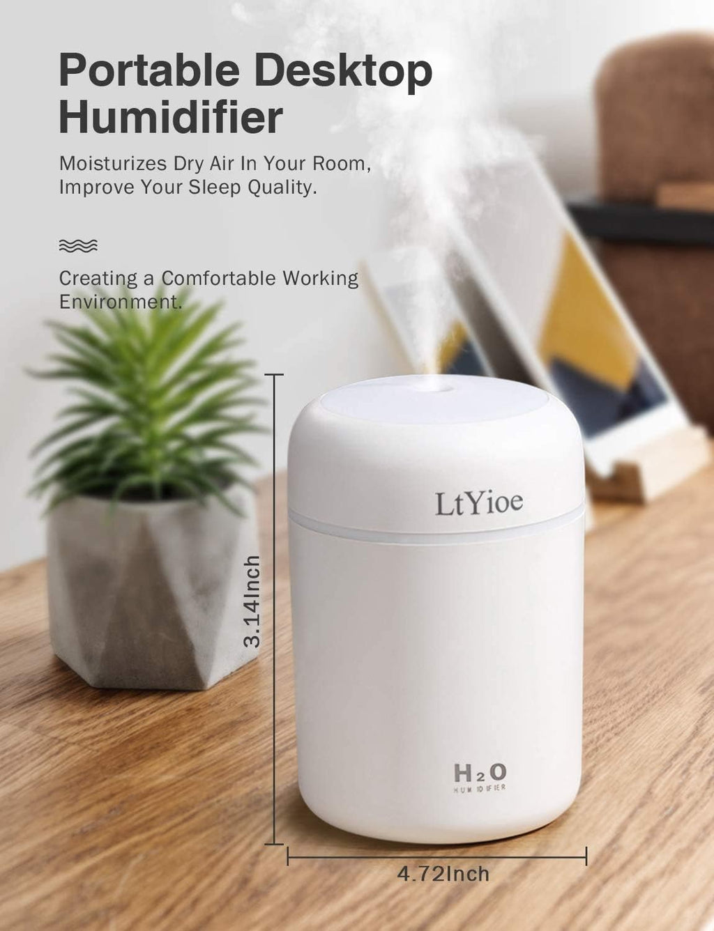 Colorful Cool Mini Humidifier, USB Personal Desktop Humidifier for Car, Office Room, Bedroom,Etc. Auto Shut-Off, 2 Mist Modes, Super Quiet. (White)