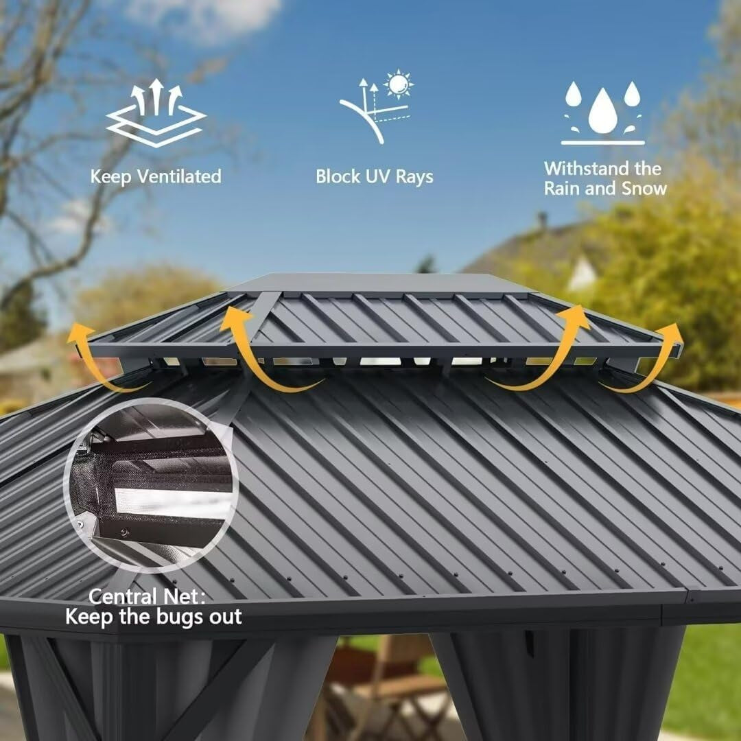 Domi 10' X 12' Hardtop Gazebo Canopy with Netting & Curtains, Outdoor Aluminum Gazebo with Galvanized Steel Double Roof for Patio Lawn and Garden, Gray