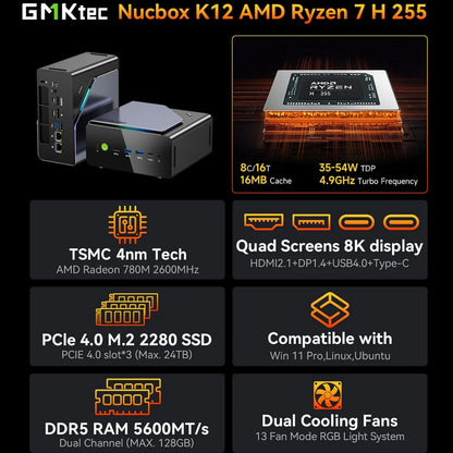 Gmktec K12 Gaming Mini PC  Ryzen 7 H 255(Upgraded 8745HS) Desktop Mini Computers Radeon 780M Wifi 6E/BT5.2, USB-C, Barebone