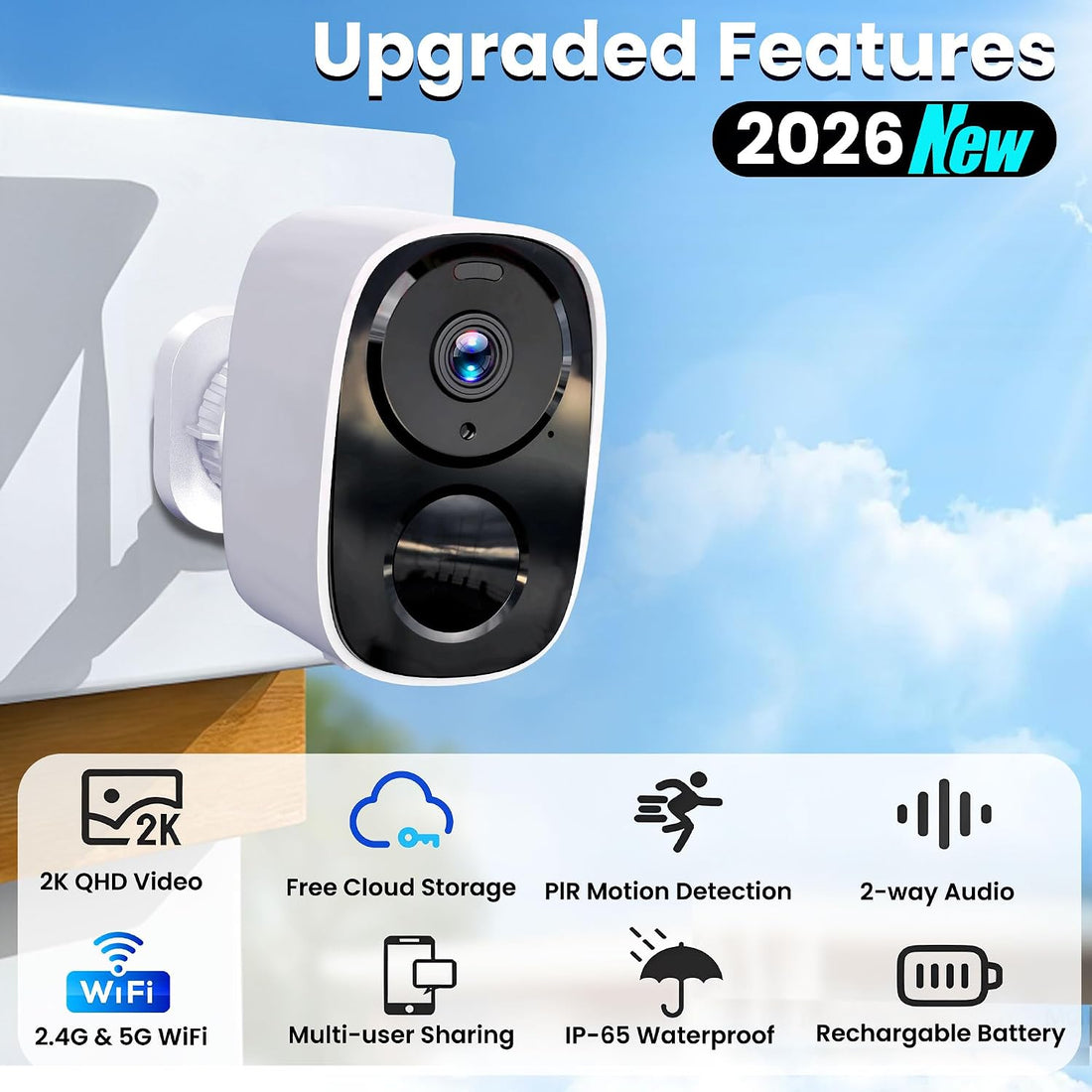 2026 Upgraded 2K Security Cameras Wireless Outdoor, Free Cloud Storage, 1-5 Months Battery Life, AI Motion Detection Spotlight Siren Alarm Wifi Surveillance Outdoor Camera, 2-Way Talk, Waterproof