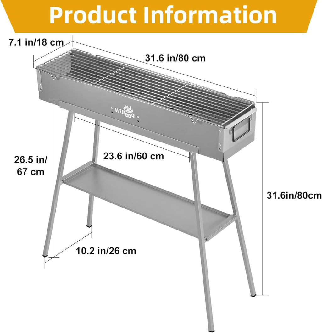 Charcoal Grills Commercial Quality Portable Multiple Size Hibachi BBQ Lamb Skewer Detachable‌ Camping Barbecue Grill for Garden Backyard Party Picnic Outdoor Cooking Use(31.6X7.1X5.1 Inch)
