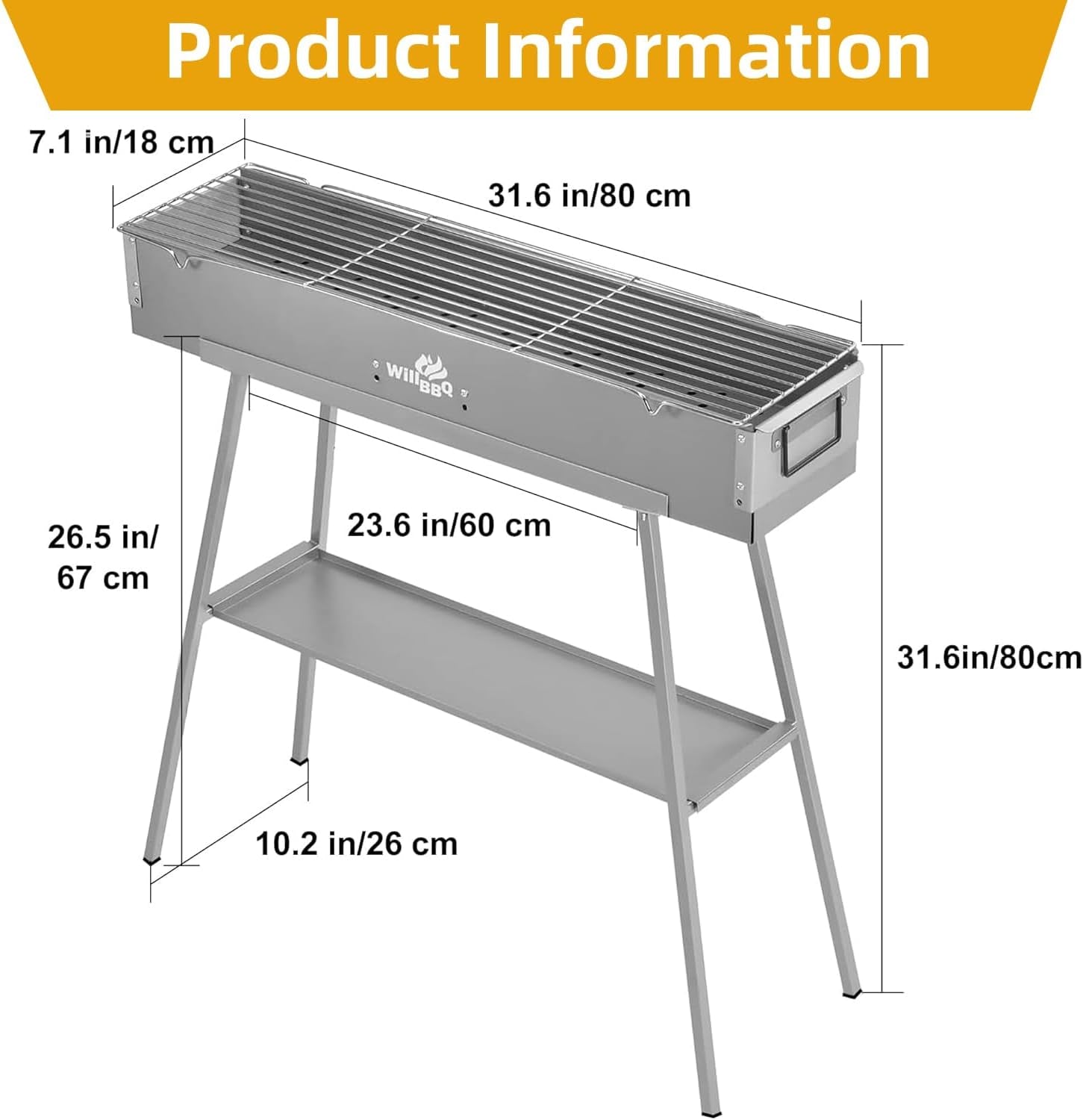 Charcoal Grills Commercial Quality Portable Multiple Size Hibachi BBQ Lamb Skewer Detachable‌ Camping Barbecue Grill for Garden Backyard Party Picnic Outdoor Cooking Use(31.6X7.1X5.1 Inch)