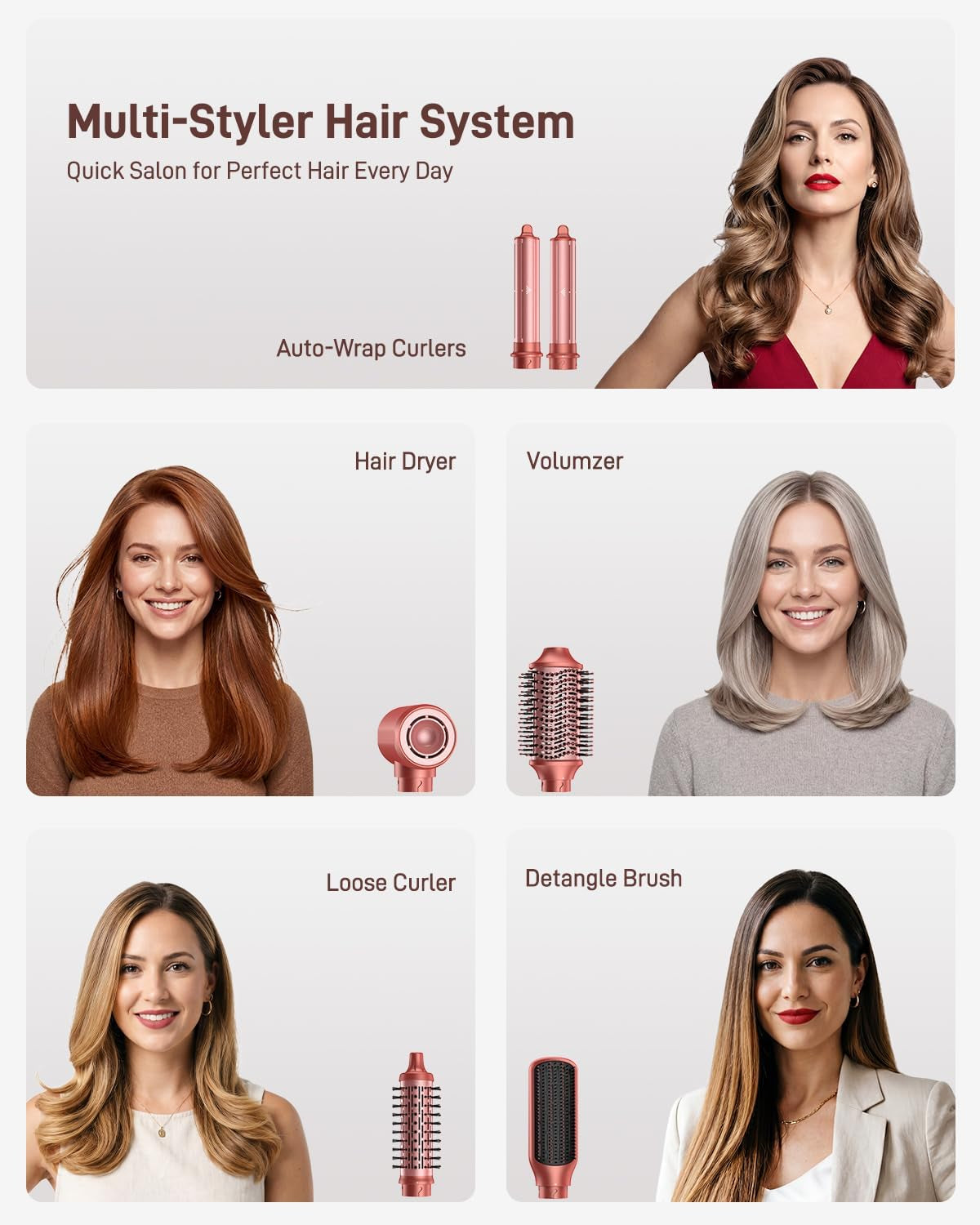 Hot Air Styler & Hair Dryer Brush Kit, 1500W No Heat Damage Frizz-Free Hair Styler for Curl, Wavy, Volumizer, Straighten, Fast Drying, Vermilion