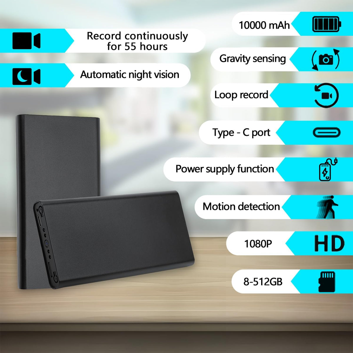 Mini 1080P HD Camera, Nanny/Pet/Child Camera Power Bank, with Motion Detection, Automatic Night Vision, Loop Record, and Gravity Sensing Functions. Suitable for Office and Home Security Monitoring Cam