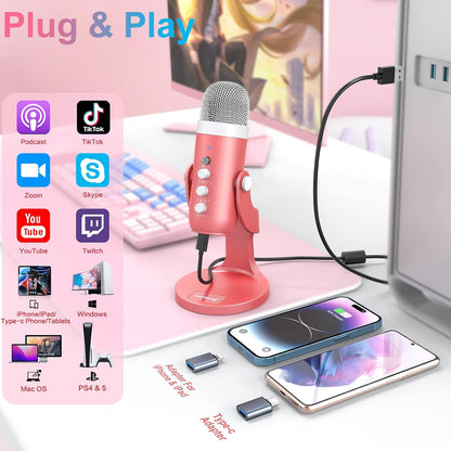 Podcast Microphone for Iphone PC &amp; Mac, Noise Cancellation USB Mic with Volume, Mute &amp; Echo Control, Zero-Latency Monitoring, for ASMR, Podcasting, Vocal Recording &amp; Voice-Over - K66 Pink