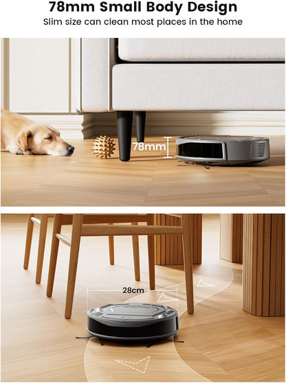 M210 Pro+ Robot Vacuum Cleaner, 6000Pa Suction, 200 Mins Runtime, Precisense Obstacle Avoidance, Self-Charging, Slim &amp; Quiet, Wifi/App/Alexa, Pet Hair &amp; Hard Floors, Grey