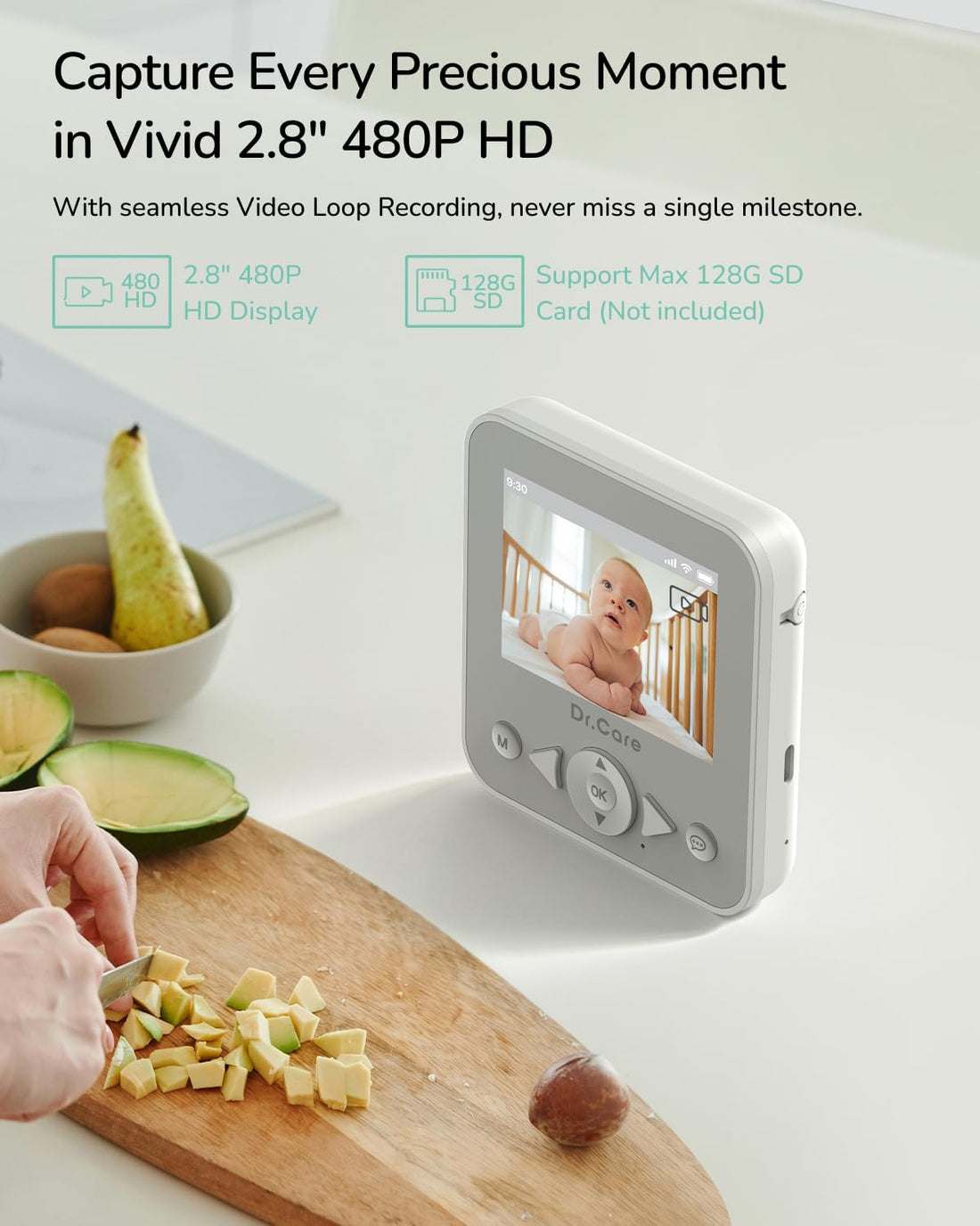 Dr. Care Neoview Video Baby Monitor - 2.8” Screen, 2-Way Audio, Video Loop Recording, Night Vision, Real-Time/Vox Monitoring, Temperature Sensor, Lullabies, Belt Clip Design (Supports up to 128GB)