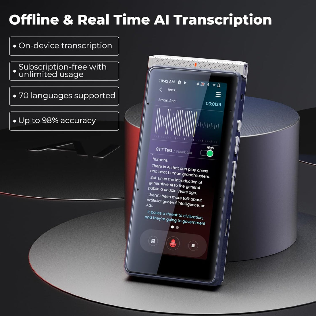 PR1 AI Voice Recorder, Transcription &amp; Translation with AI, 3.99 Inch 64GB Smart Summarize, Offline AI Processing Note Taker for Meeting &amp; Lectures, Translation for Business Travel, Silver