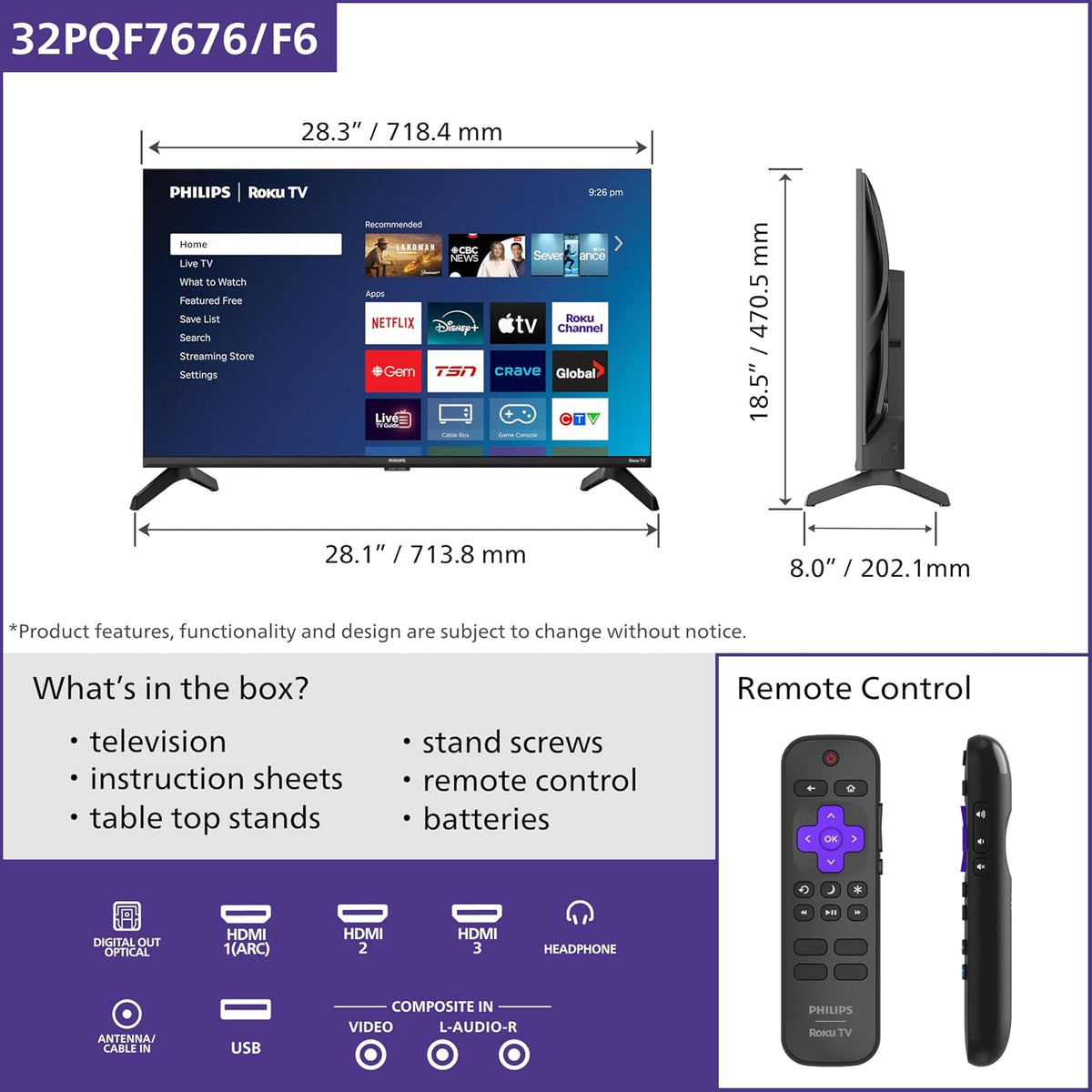 32PQF7666/F6 7600 Series HD QLED 32-Inch HD QLED Roku TV