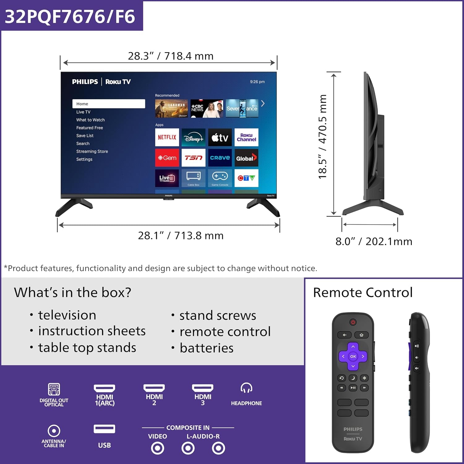32PQF7666/F6 7600 Series HD QLED 32-Inch HD QLED Roku TV
