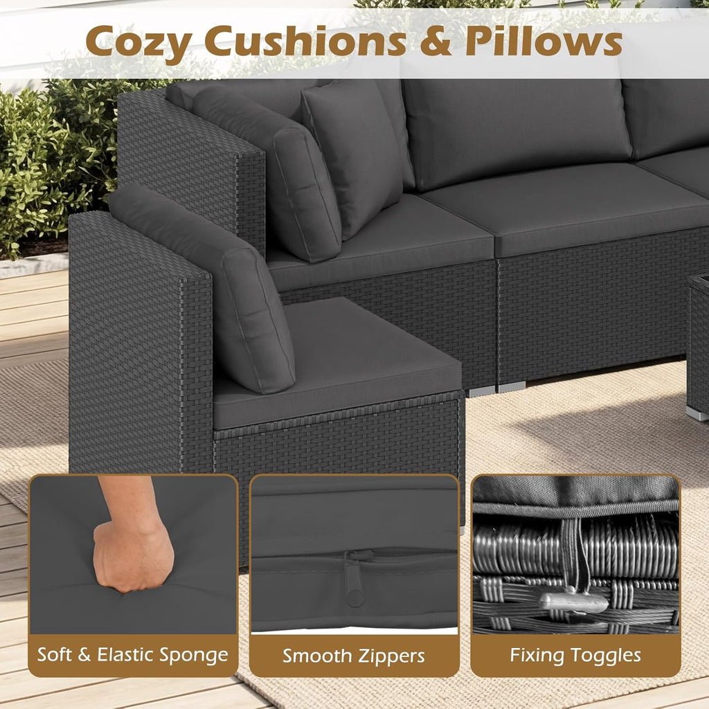 7 Pieces Wicker Patio Furniture Set, Outdoor Sectional Rattan Sofa Set for 6 with Seat & Back Cushions, Pillows, Coffee Table, Modular Conversation Set for Backyard, Poolside, Deck & Garden