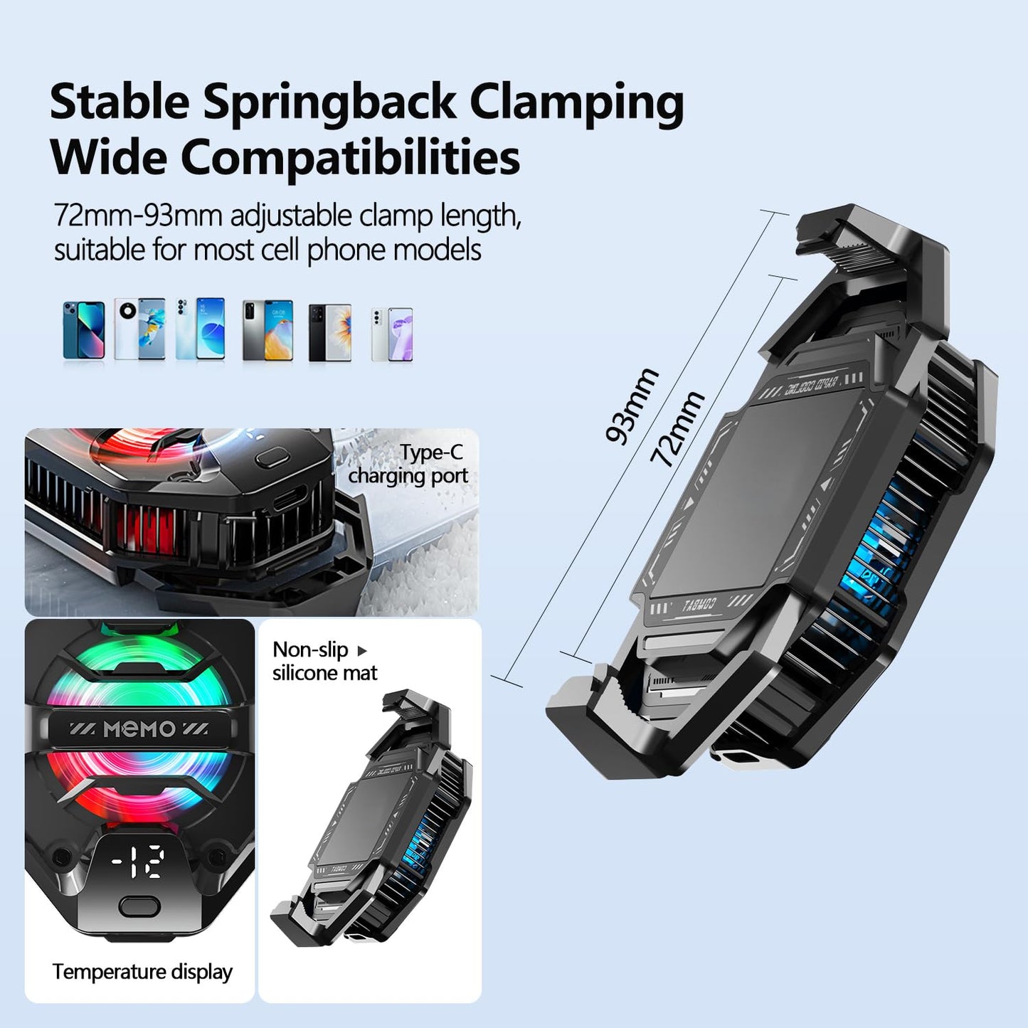 Phone Cooler for Gaming, 27W Iphone Cooling Fan with RGB LED Semiconductor Heatsink Cooling Case Enfriador Para Celular, for Iphone/Android Phone Gaming, Live Streaming, AI Smartphone Temperature