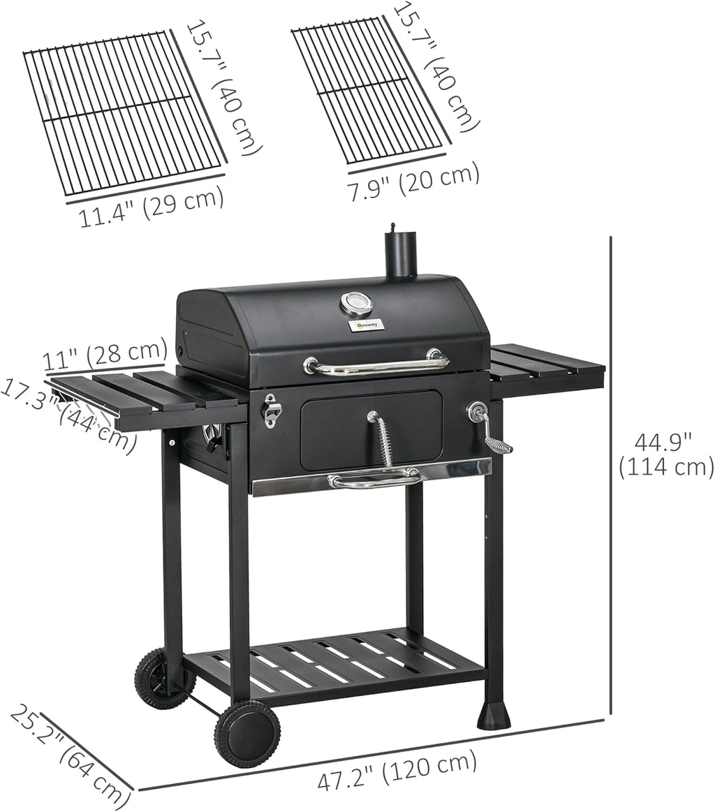 Charcoal BBQ Grill Trolley with Adjustable Charcoal Pan, Barbecue Grill Smoker with Storage Shelves, Lid, Thermometer, Bottle Opener and Wheels, Galvanised Steel