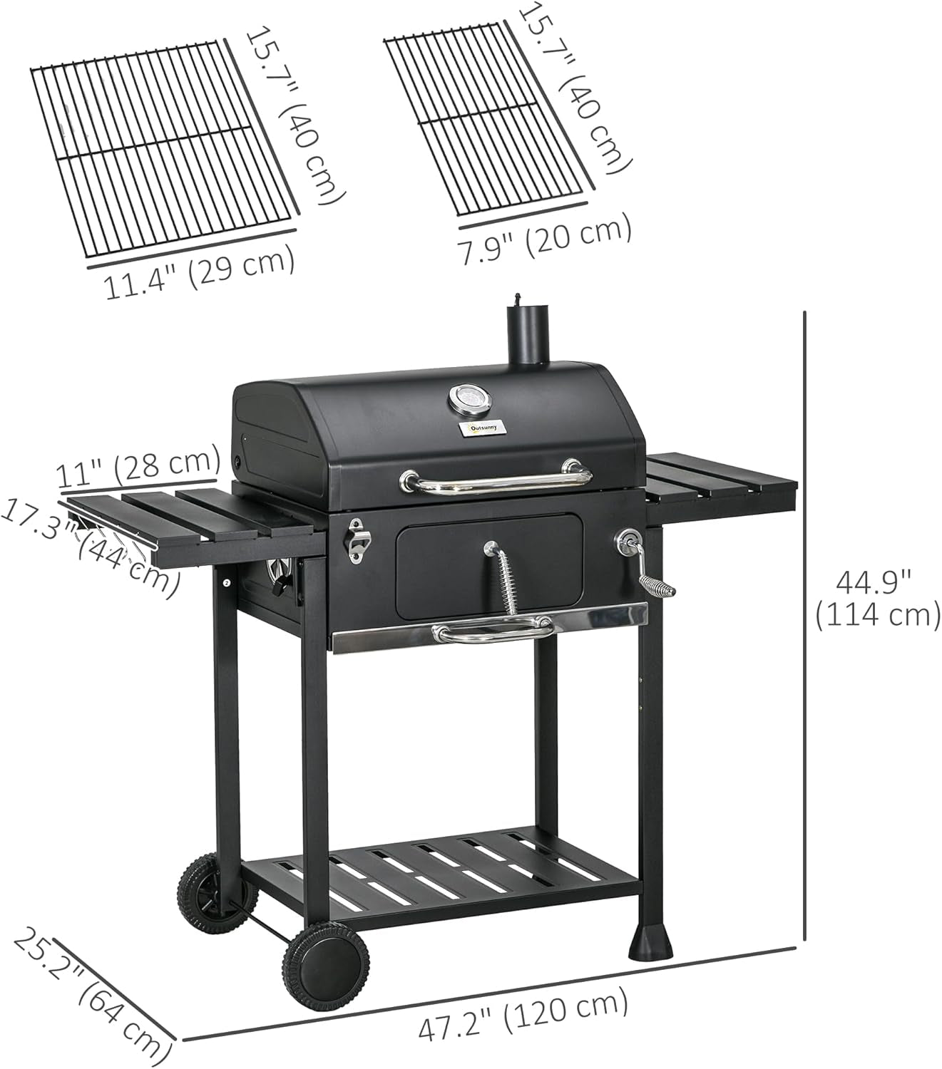 Charcoal BBQ Grill Trolley with Adjustable Charcoal Pan, Barbecue Grill Smoker with Storage Shelves, Lid, Thermometer, Bottle Opener and Wheels, Galvanised Steel