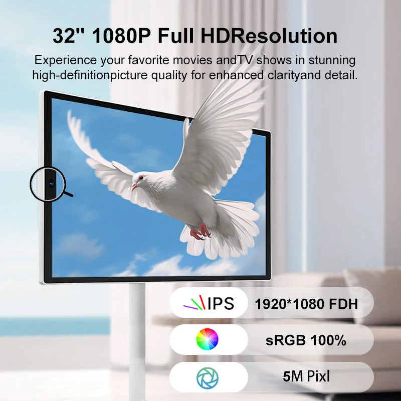 32 Inch Smart TV Rotation Touch Screen Portable Android Camera Mobile Display Tablet PC Stand Wheels Television Rechargeable