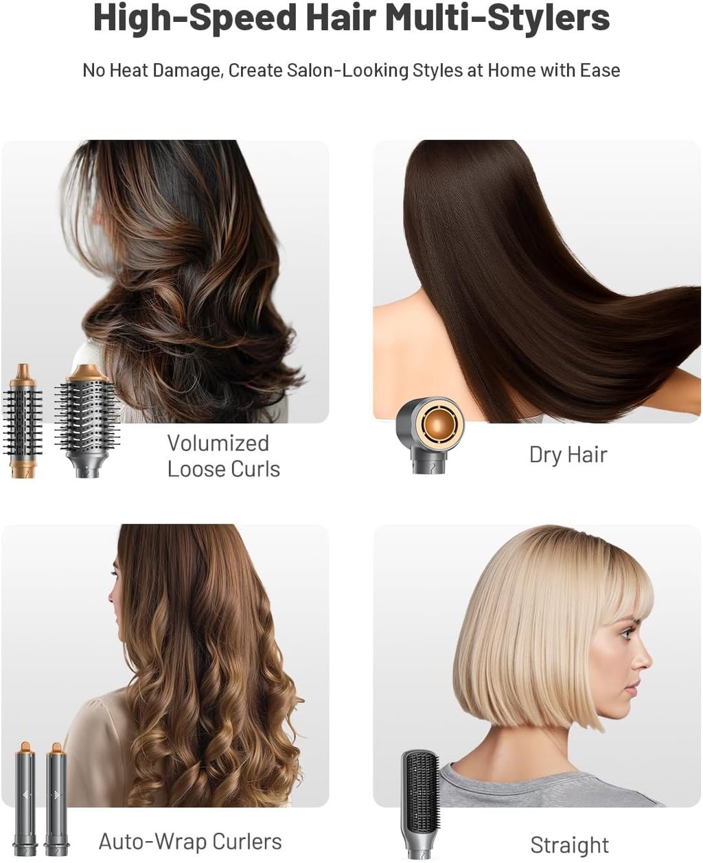 Hot Air Styler & Hair Dryer Brush Kit, 1500W No Heat Damage Frizz-Free Hair Styler for Curl, Wavy, Volumizer, Straighten, Fast Drying, Gray
