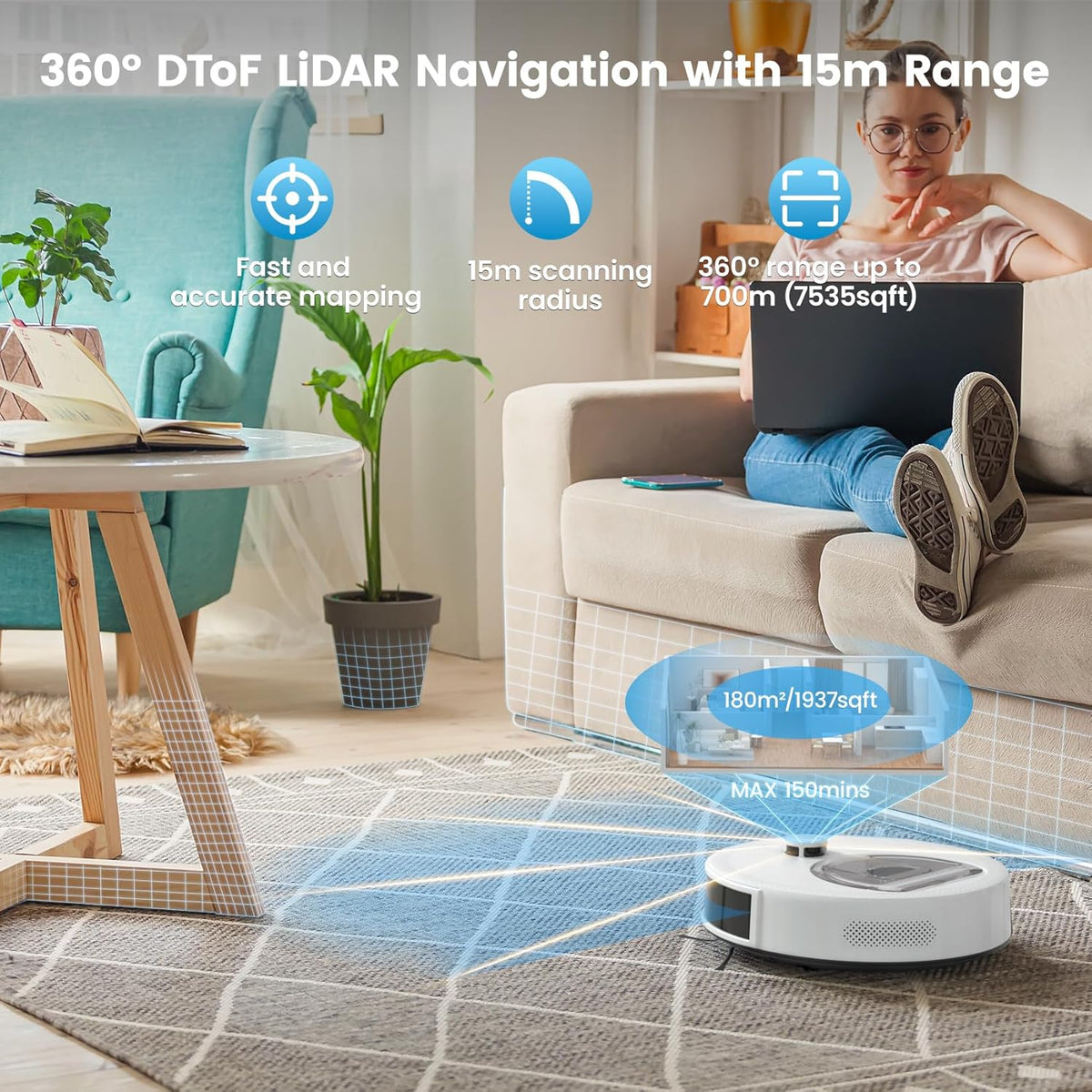 Robot Vacuum and Mop Combo, 6000Pa, Dtof Lidar, (L6 Aqua) | 6000Pa Suction, Anti-Tangle, 150 Min Runtime, 3.7" Slim, 5G Wifi/App/Alexa, Pet Hair, Hard Floors, Carpets, Home