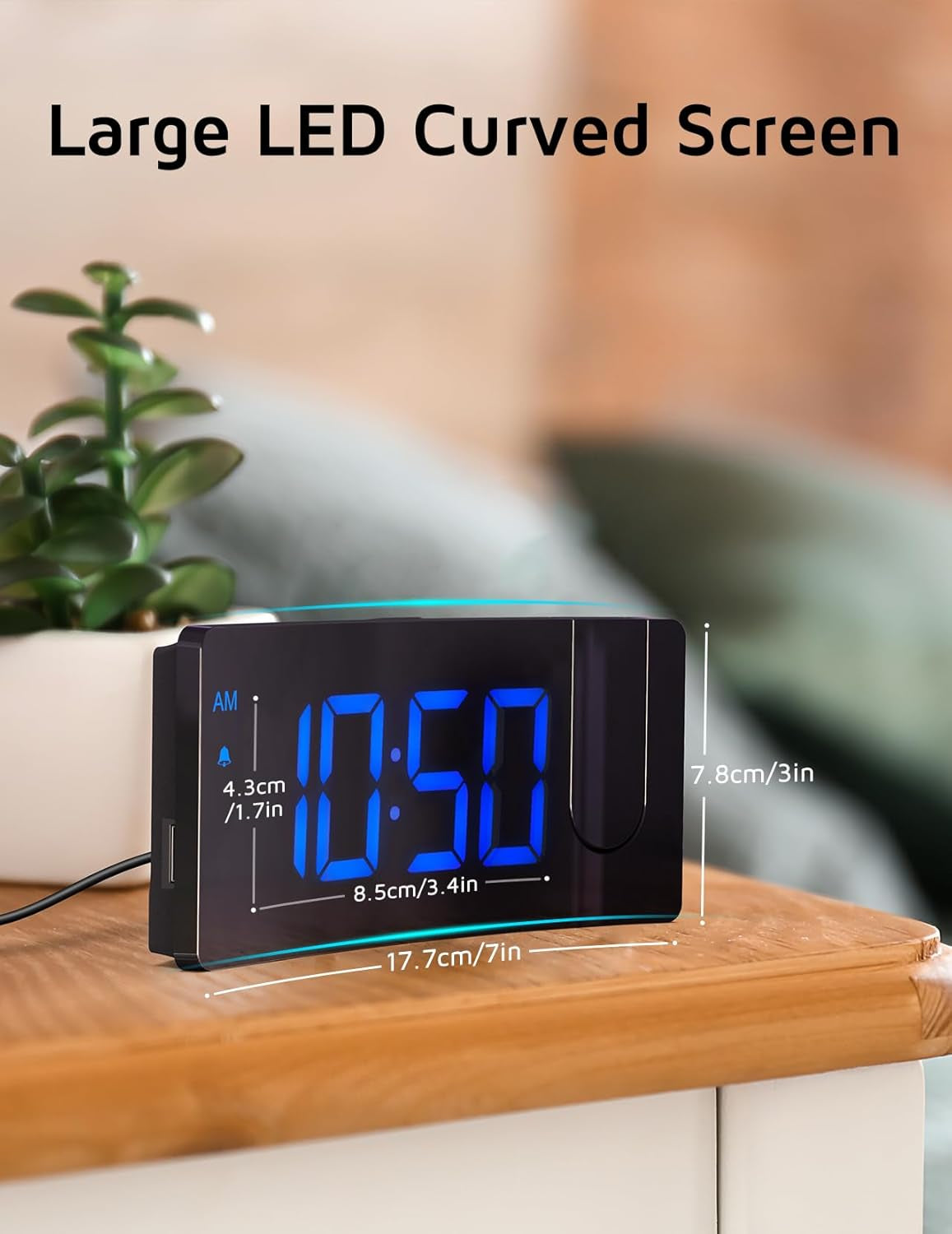 Projection Alarm Clock, Digital Clock with Modern Curved Design 180° Rotatable Projector, 3-Level Brightness Dimmer, Clear Blue LED Display, Progressive Volume, 9Mins Snooze,12/24H, for Bedroom